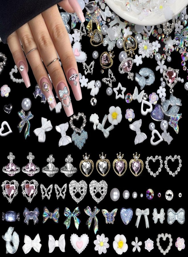 CESUSME 450Pcs 3D Heart Planet Butterfly Nail Rhinestones Gems Charms Alloy Butterfly White Flower Bow Nail Gems and Charms Mix Size White Rhinestones Nails Gem Pearls for Nails Art DIY Accessories - Image 1